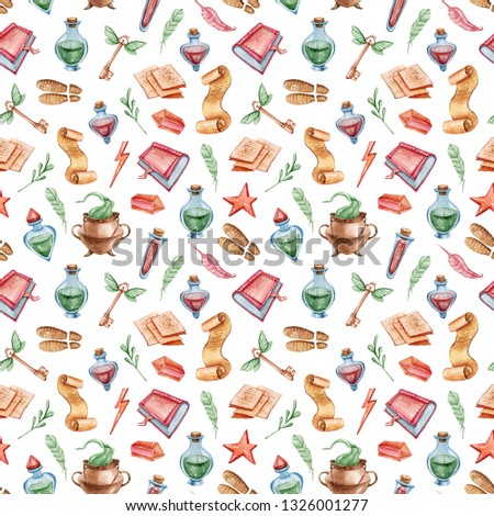 Watercolor hand painted magic fantasy set. Seamless pattern on white background