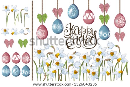 Greeting card for Easter. Daffodils and painted eggs, symbols of Easter. Pink and green bows. Lettering. Christian traditions. Vector graphics. Isolated elements on white background