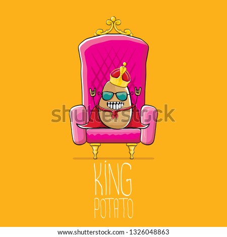 vector funny cartoon cool cute brown smiling king potato with golden royal crown and red mantle or cape sitting on pink throne isolated on orange background. vegetable funky food drawn character 