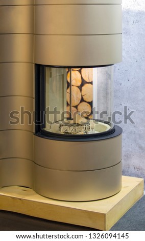 Modern bio fireplot fireplace on ethanol gas. Smart ecological alternative technologies. Interior inside house.