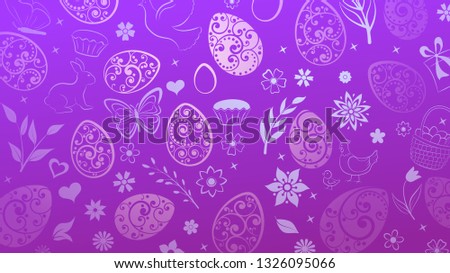Background of eggs, flowers, cakes, hare, hen, chicken and other Easter symbols in purple colors