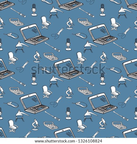 Hand drawn office supplies in seamless pattern. Vector illustration