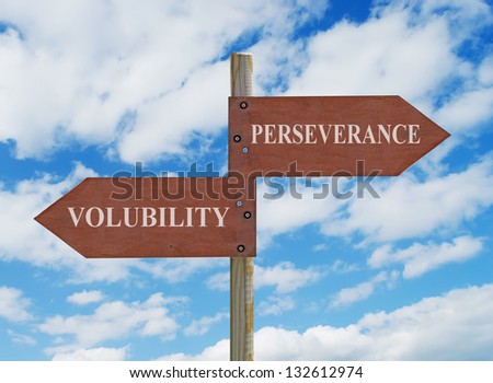 wooden crossroad sign on cloudy background with PERSEVERANCE and VOLUBILITY  writing