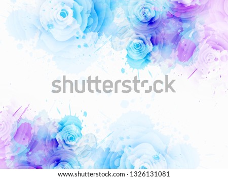 Abstract background with watercolor colorful splashes and rose flowers. Purple and blue colored. Template for your designs, such as wedding invitation, greeting card, posters, etc.