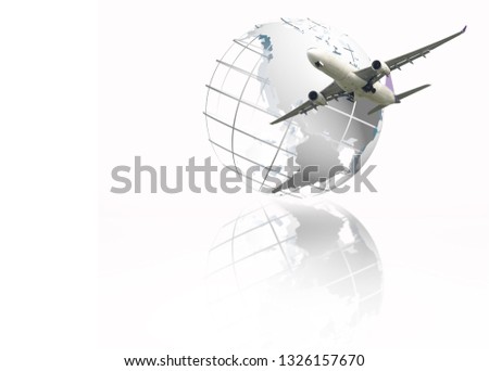Abstract image of the world logistics, there are world map background and airplane is flying for Business trip  Transportation, import-export and logistics, Travel concept