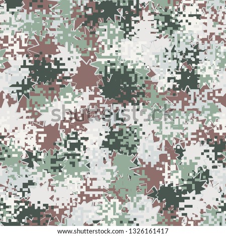 Seamless pattern. Fashionable texture in camouflage style. The top layer is pixel. 
Background consisting of oblique multipath stars.