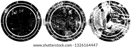 Collection of stamps in grunge style. Set of round icons in black on white background. Grunge texture imprint paint