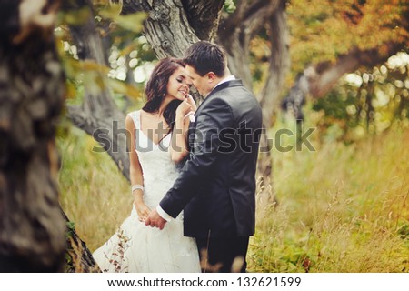 Married Couple in forest embracing Royalty-Free Stock Photo #132621599