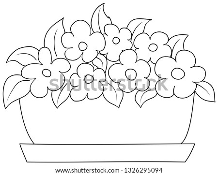 Flowers in a pot. Vector outline illustration. Coloring book for children.