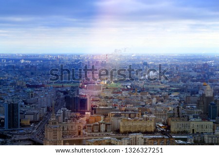 Beautiful winter cityscape view from above to Moscow with landmarks at sunrise
