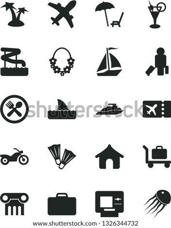 Solid Black Vector Icon Set - sail boat vector, motorcycle, passenger, suitcase, plane ticket, atm, boungalow, arnchair under umbrella, palm tree, hawaii wreath, cocktail, aquapark, cafe, flippers