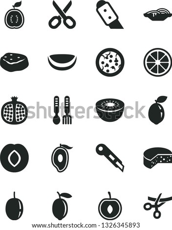 Solid Black Vector Icon Set - scissors vector, iron fork spoons, knife, stationery, cheese, pizza, slices of onion, piece meat, half pomegranate, plum, mango, cherry, passion fruit, lemon, juicy