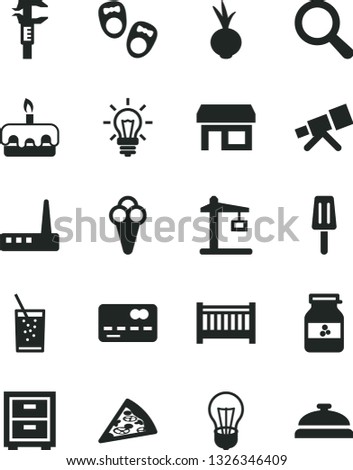Solid Black Vector Icon Set - magnifier vector, bedside table, baby cot, shoes for little children, piece of pizza, torte, beet, a glass soda, popsicle, cone, jar jam, bulb, Construction crane