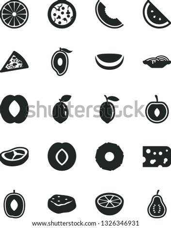 Solid Black Vector Icon Set - piece of cheese vector, pizza, slices onion, bacon, meat, orange slice, plum, melon, half mango, delicious, peach, cherry, lemon, sour lime, coconut, pineapple