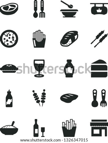 Solid Black Vector Icon Set - plates and spoons vector, plastic fork, iron, fried vegetables on sticks, pizza, piece of cake, pie, a bowl rice porridge, bacon, chop, barbecue, French fries, sushi