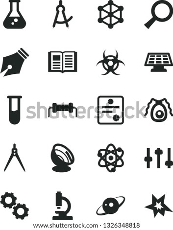 Solid Black Vector Icon Set - book vector, flask, test tube, microscope, atom, zoom, gears, settings, bactery, biohazard, drawing compass, sun panel, satellite antenna, saturn, patente, 3d cube