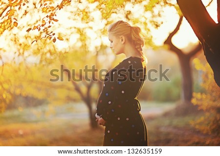 beautiful pregnant young woman outside, warm sunny picture Royalty-Free Stock Photo #132635159