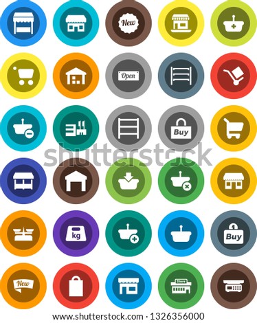 White Solid Icon Set- office vector, cargo, warehouse, weight, shelving, new, open, shopping bag, market, store, mall, buy, basket, cart, scales