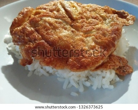 Omelette rice on a white plate Take pictures using natural light