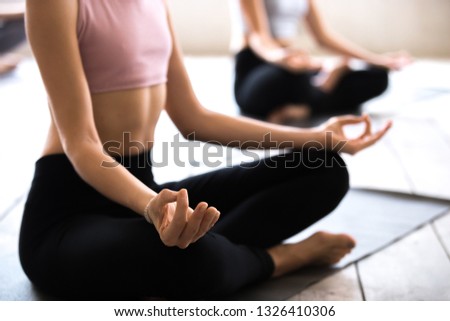 Yogi woman and a group of young sporty people practicing yoga lesson, doing Easy Seat exercise, Sukhasana pose with mudra, working out, indoor close up, students training at studio. Well-being concept Royalty-Free Stock Photo #1326410306
