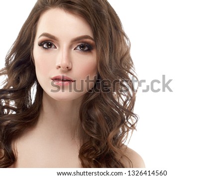 Beautiful brunette woman face closeup healthy skin and beauty lashes eyes isolated on white