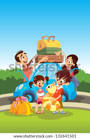 Cartoon happy family preparing for vacations