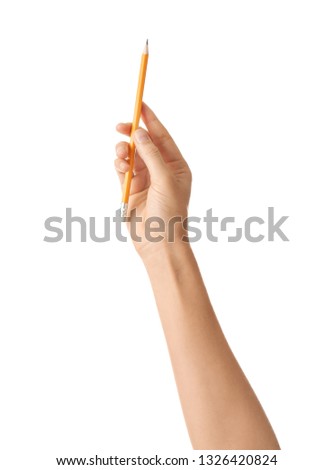Female hand with pencil on white background