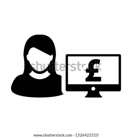 Person icon vector female user avatar with computer monitor screen and pound sign in flat color in Glyph Pictogram Symbol illustration
