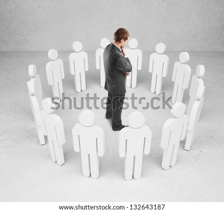 pensive businessman surrounded by people 3d