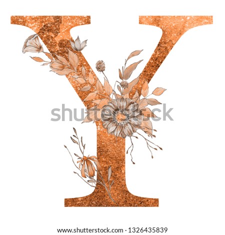 Copper glitter watercolor letter of the alphabet with flowers and leaves on the white isolated background. Floral elegant design.