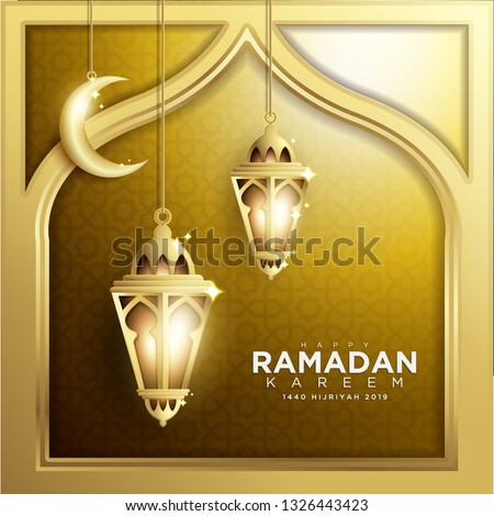 Elegant Design of Ramadan Kareem with Fanoos Lantern, Crescent & Mosque Background in Different Color