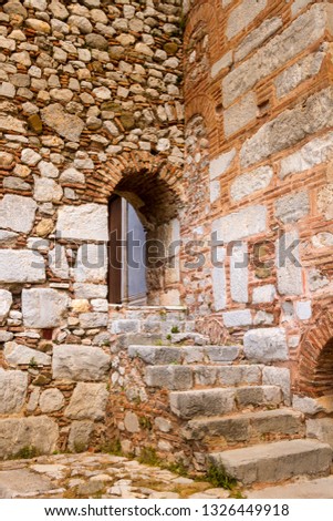 Stone architecture, typical of medieval byzantine time, as seen in many greek orthodox monasteries of that time. 