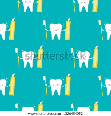 Cute smiling tooth character with brush and toothpaste seamless pattern background.