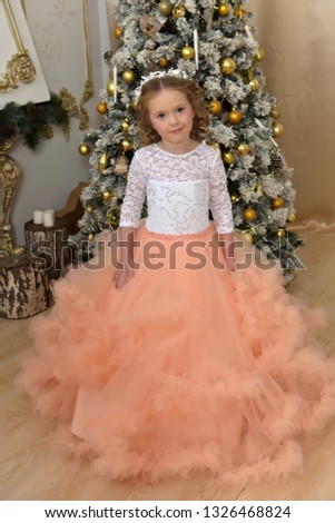 Little beautiful girl with brown hair in a Peach-colored dress.