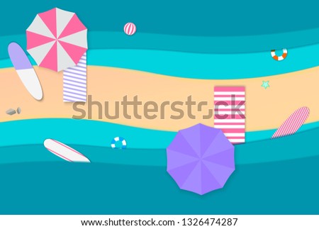 Beach and sand. Vacation on the beach vector illustration. paper umbrellas, water, ball