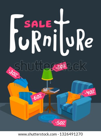 Two cozy chairs. Home colorful furniture. Promotional ad poster about the sale. Sales tags are on the furniture. Vector flat design cartoon illustration without people on a dark background.