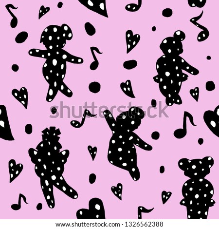 A ballerina and ballet seamless pattern. Ballerina, notes, hearts and polka dots pattern. A cartoon ballerina set.
A children illustration. A little ballerina dances. A children modern fashion.