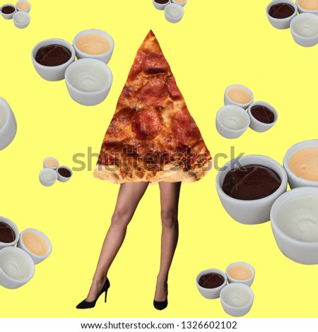 Contemporary art collage. Minimal design fashion concept female beauty and pizza.