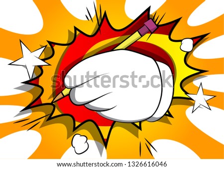 Vector cartoon hand writing with pencil. Illustrated sign on comic book background.