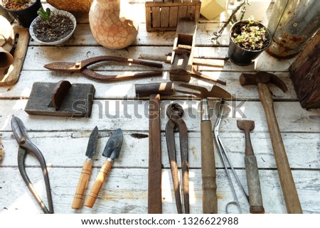 gardening tools on old white table with flowerpot