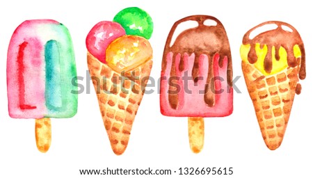 watercolor hand drawn ice cream isolated on white background. Ilustration for design of wedding invitations, greeting cards, postcards, children's books. 