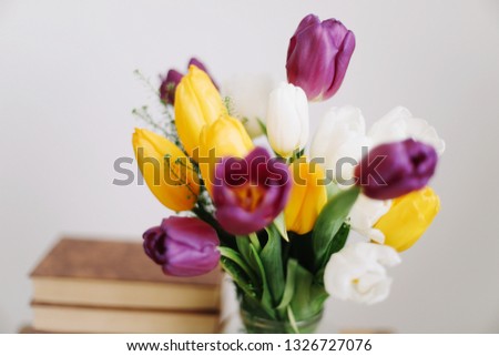Bouquet of beautiful tulips. Mix of spring tulips flowers. Fresh Tulip Bouquet  on white background. Spring flowers.