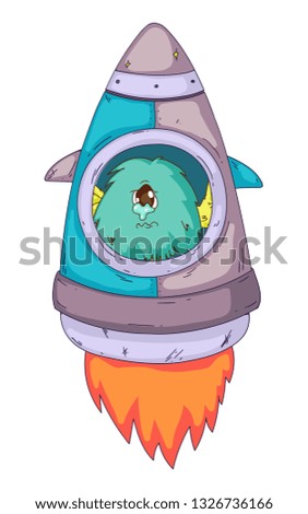 Space aliens, monster with spaceship, rocket. Cartoon character for little children. Kids drawing.
