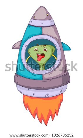 Space aliens, monster with spaceship, rocket. Cartoon character for little children. Kids drawing.
