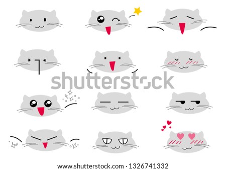 Cute Kawaii Face Icon Set on White Background. Vector