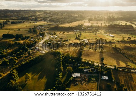 Amazing Aerial view of a field of grass and trees at sunset