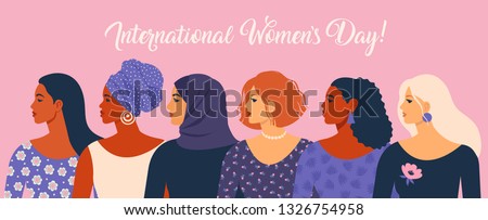 International Womens Day. Vector illustration with women different nationalities and cultures. Struggle for freedom, independence, equality.  Royalty-Free Stock Photo #1326754958