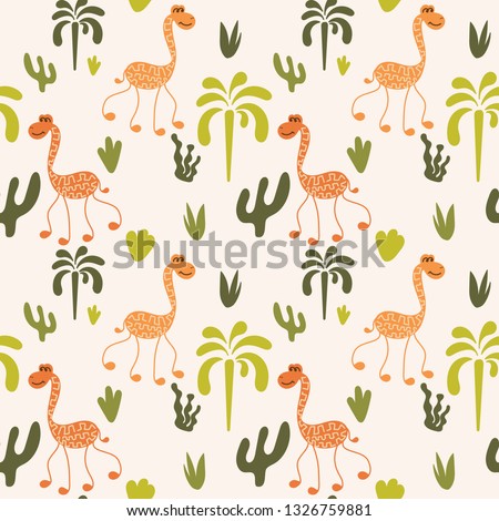 Funny long-necked animals, palm trees, plants. Seamless pattern. Vector illustration
