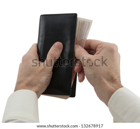man's hands hiding wallet with banknote isolated white