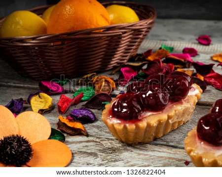 Delicious shortbread cake on wooden background